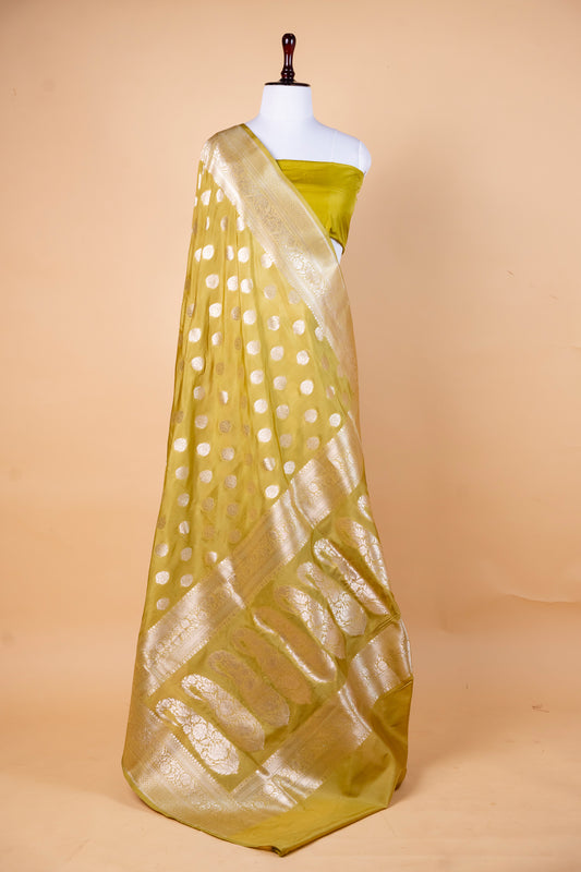 Olive Gold Bumber Silk Saree with Silver Zari Polka Buta