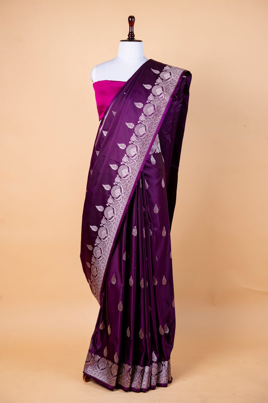 Purple Pure Banarasi Mashru Silk Saree with Silver Woven Border