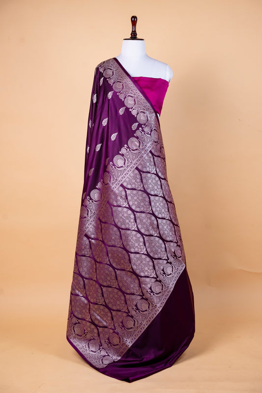 Purple Pure Banarasi Mashru Silk Saree with Silver Woven Border