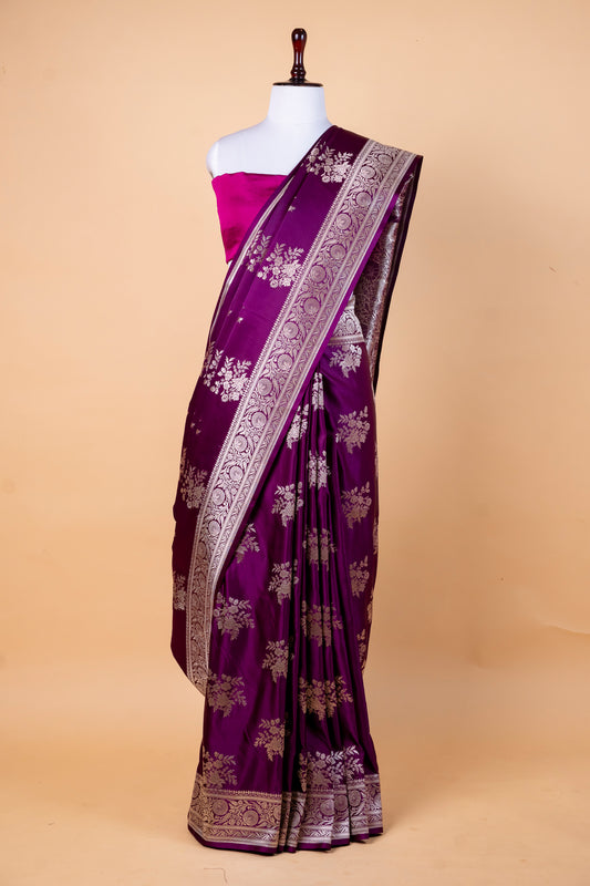 Deep Purple Pure Banarasi Mashru Silk Saree with Royal Elegance