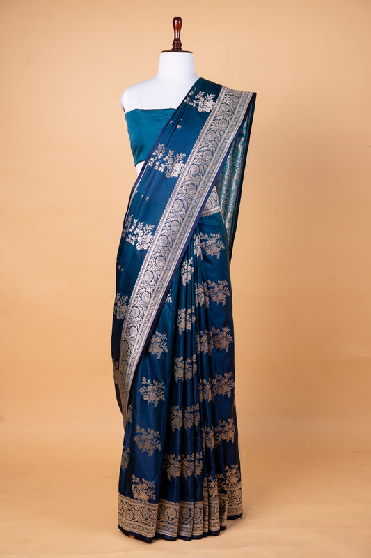 Deep Teal Blue Pure Banarasi Mashru Silk Saree with Woven Floral Motifs