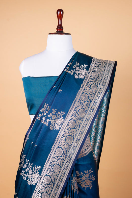 Deep Teal Blue Pure Banarasi Mashru Silk Saree with Woven Floral Motifs