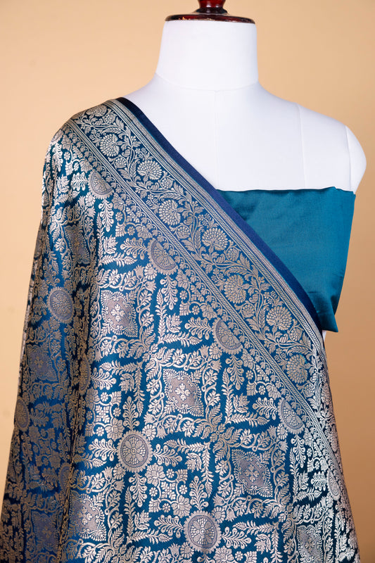 Teal Blue Pure Banarasi Mashru Silk Saree with Intricate Woven Zari Work