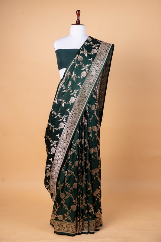 Pure Banarasi Mashru Silk Saree with Ornate Woven Zari Motifs  Fabric: Mashru Silk