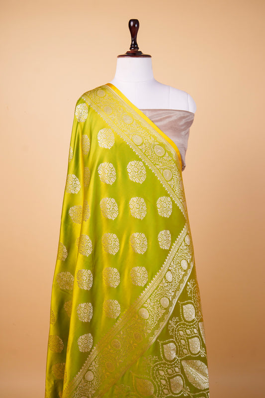 Banarasi Premium Lime Green Mashru Silk Saree with Gold Zari Floral Buti & Heritage Border