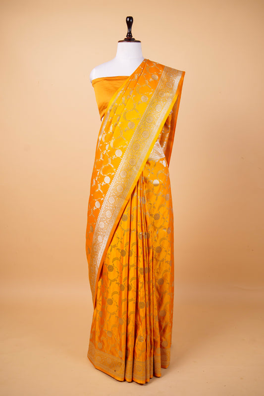 Banarasi Premium Mustard Yellow Mashru Silk Saree with Gold Zari Floral Jaal & Heritage Border
