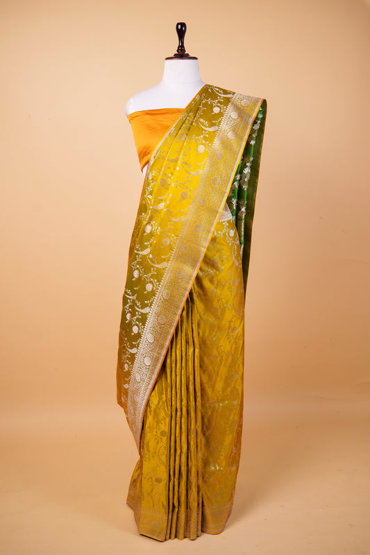 Banarasi Premium Mustard Gold Mashru Silk Saree with Silver Zari Floral Jaal & Heritage Border
