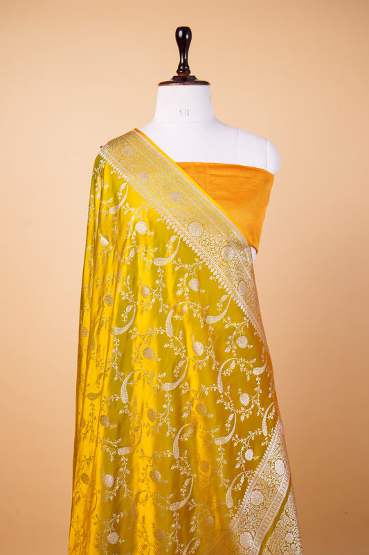 Banarasi Premium Mustard Gold Mashru Silk Saree with Silver Zari Floral Jaal & Heritage Border