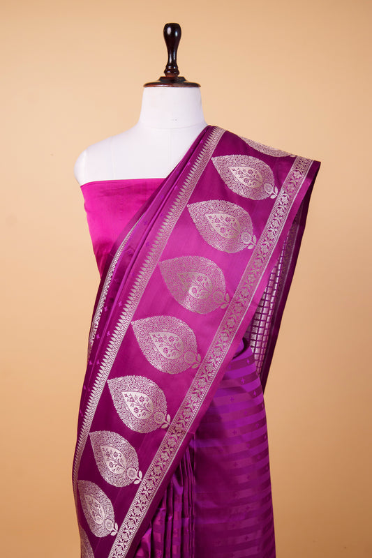 Banarasi Premium Royal Purple Mashru Silk Saree with Silver Zari Paisley Border