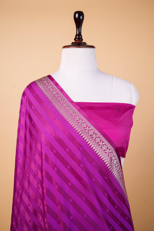 Banarasi Premium Royal Purple Mashru Silk Saree with Silver Zari Paisley Border