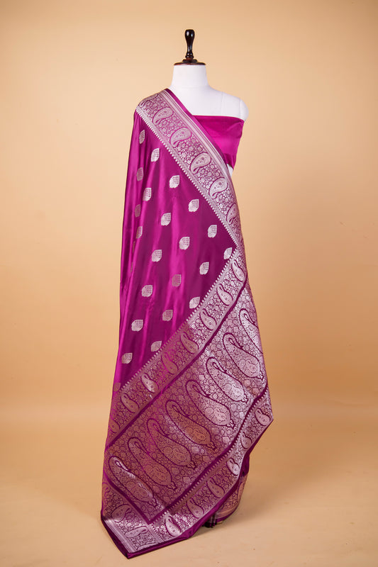 BanarasiPremium Magenta Mashru Silk Saree with Silver Zari Buti & Grand Paisley Pallu