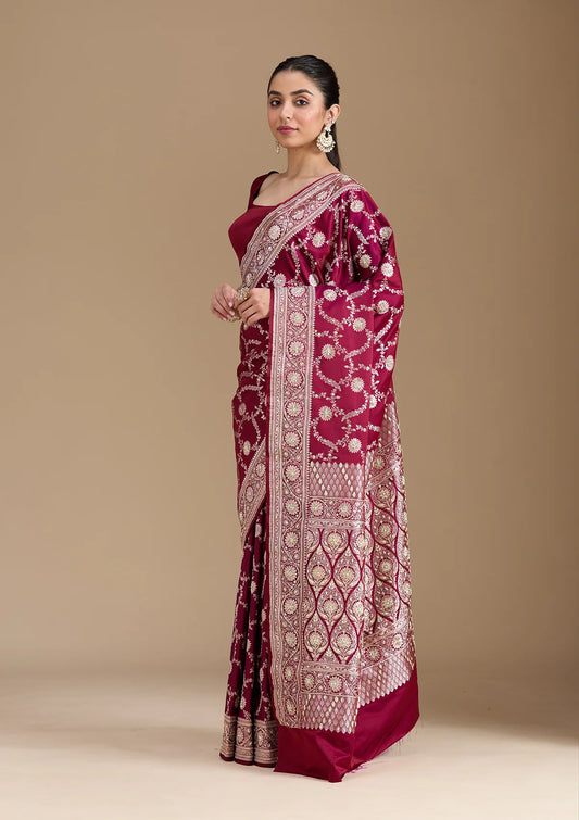 Banarasi Royal Maroon Mashru Silk Saree with Intricate Floral Embroidery