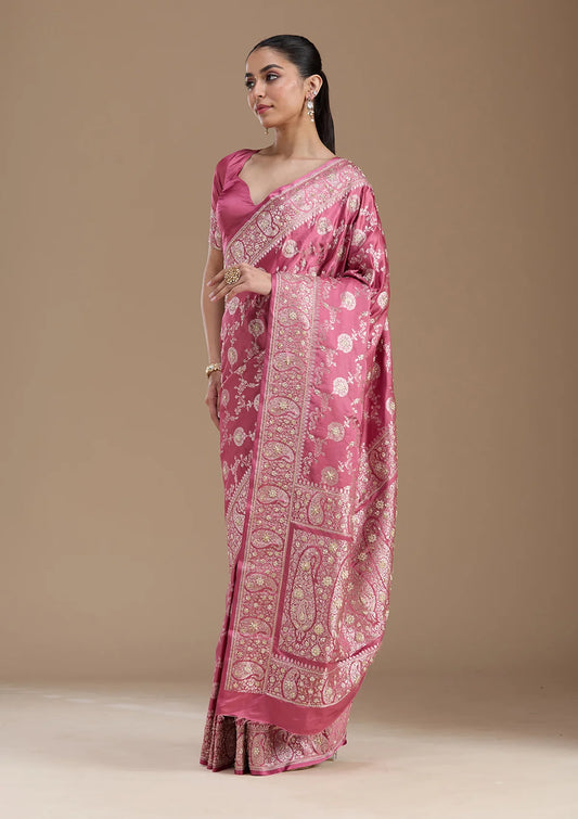 Banarasi Onion Pink Mashru Silk Saree with Intricate Hand Embroidery & Heritage Paisley Border