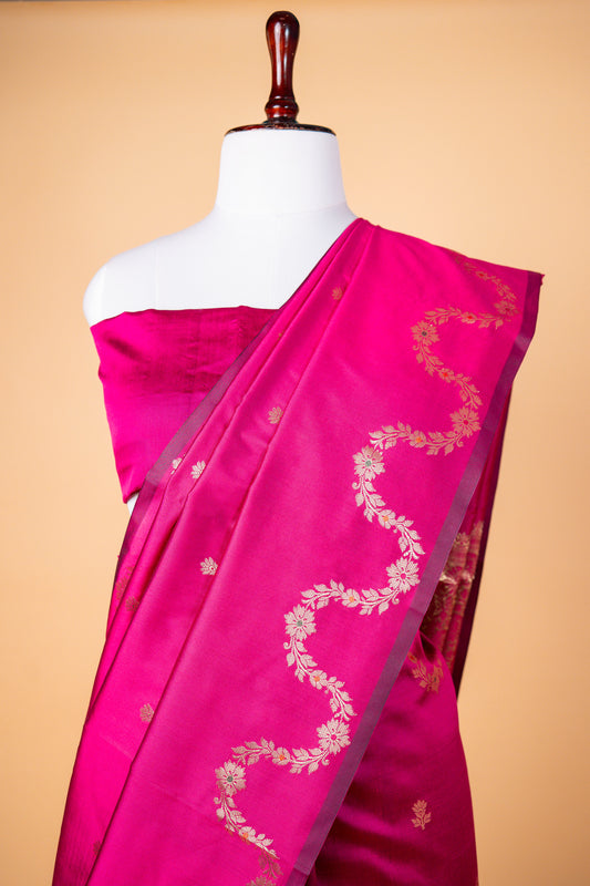 Royal Rani Pink Paper Silk Saree with Golden Zari Border