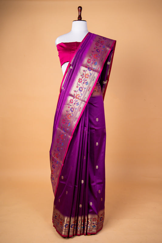 Elegant Purple Paper Silk Saree with Floral Zari Border