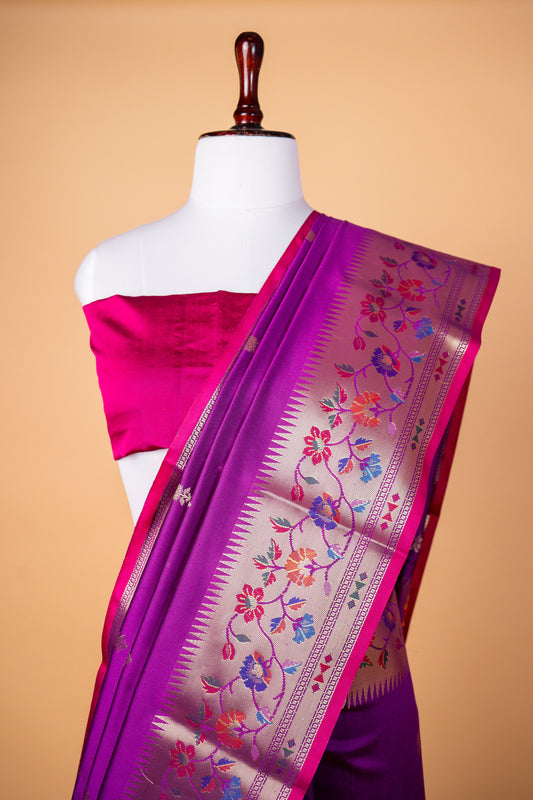 Elegant Purple Paper Silk Saree with Floral Zari Border