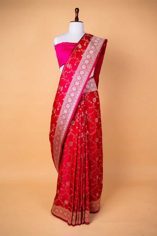 Royal Red Pure Banarasi Mashru Silk Saree with Elegant Silver Zari Work