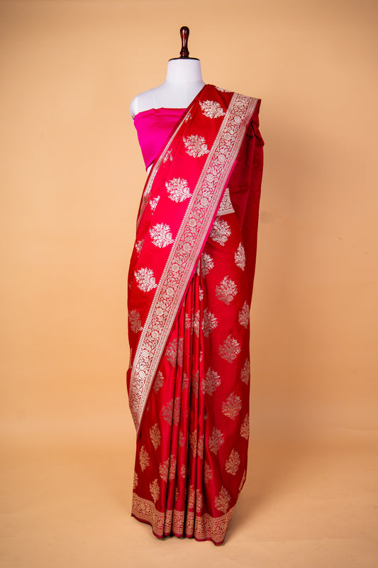 Royal Red Mashru Silk Saree with Antique Gold Zari Buti & Floral Border