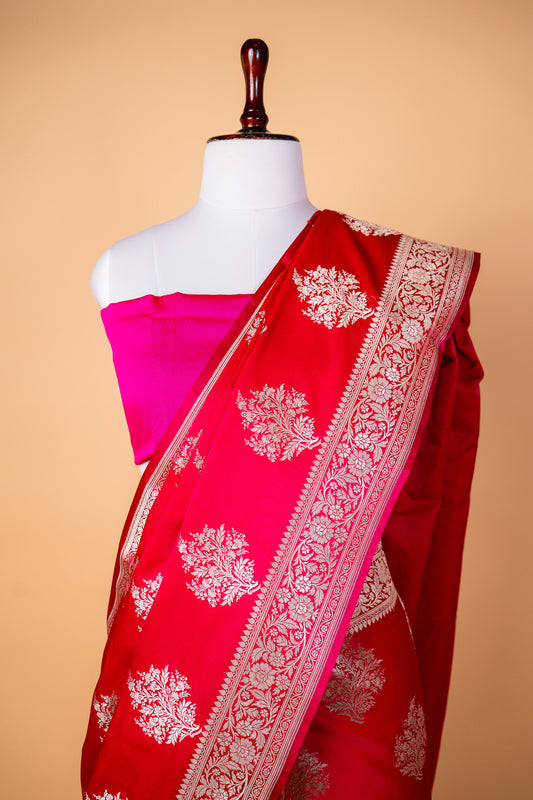 Royal Red Mashru Silk Saree with Antique Gold Zari Buti & Floral Border