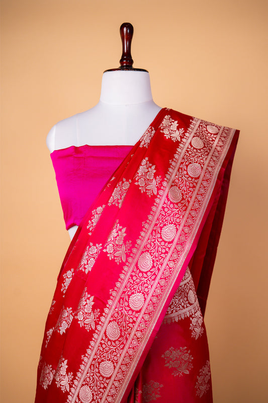 Elegant Rani Pink Pure Banarasi Mashru Silk Saree with Gold Zari Buti and Traditional Border
