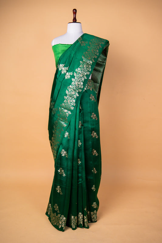 Emerald Green Chiniya Silk Saree with Silver Zari Floral Weaving
