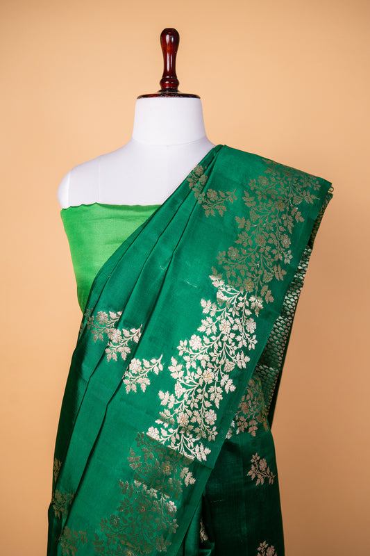 Emerald Green Chiniya Silk Saree with Silver Zari Floral Weaving