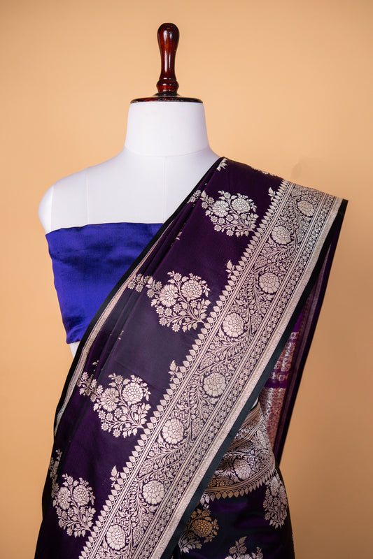 Royal Purple Pure Banarasi Mashru Silk Saree with Silver Zari Floral Buti