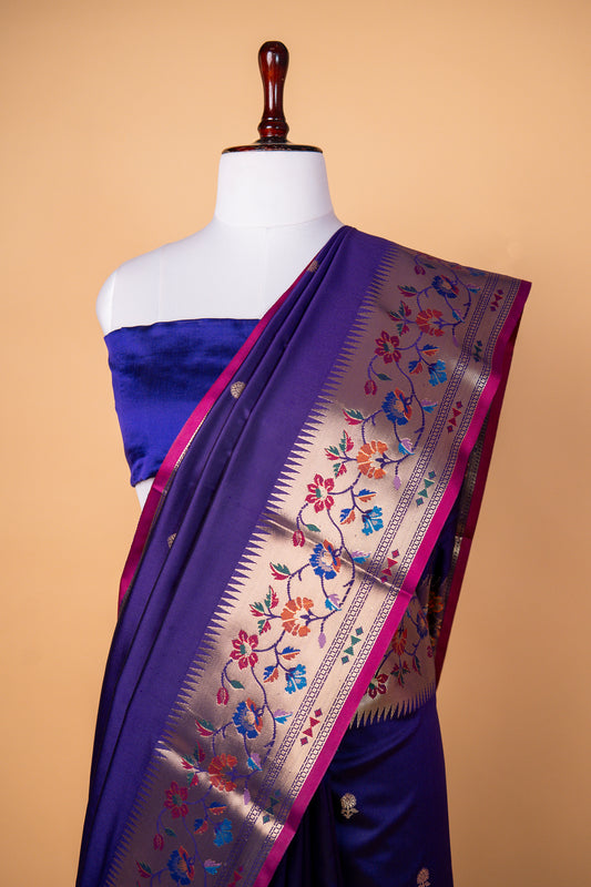 Banarasi Royal Violet Paper Silk Saree with Multicolor Floral Zari Border