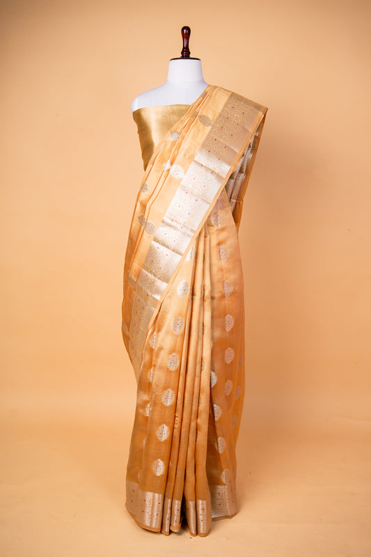 Banarasi Golden Beige Mango Silk Saree with Silver Zari Buti Work