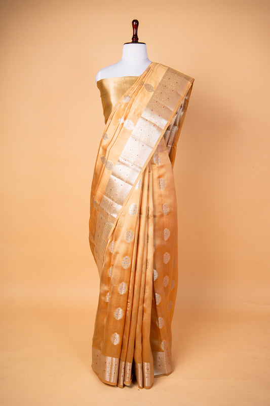 Banarasi Golden Beige Mango Silk Saree with Silver Zari Buti Work