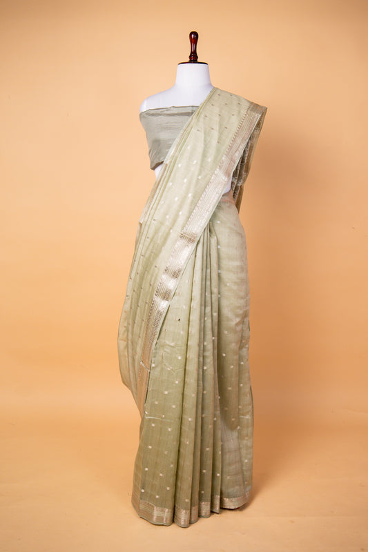Banarasi Sage Green Pure Cotton Silk Saree with Silver Zari Buti