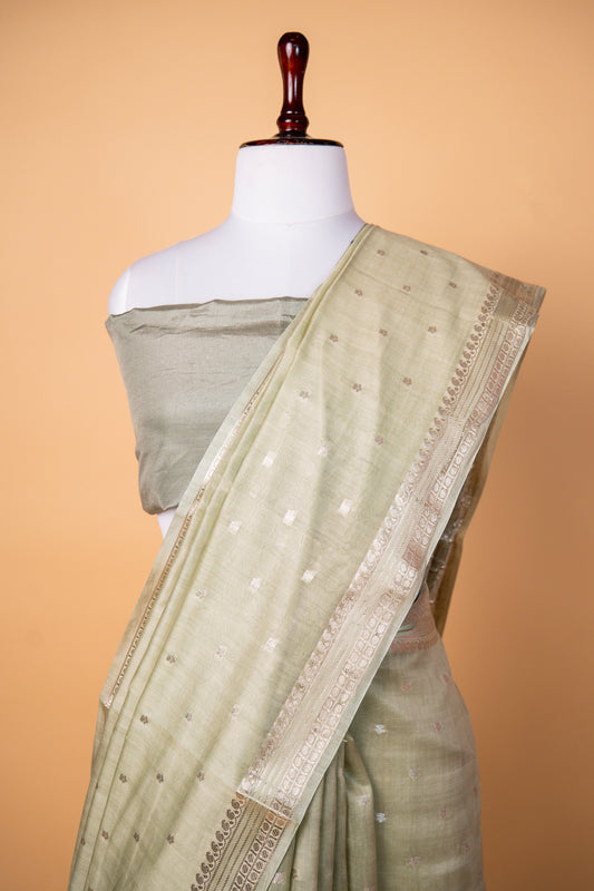 Banarasi Sage Green Pure Cotton Silk Saree with Silver Zari Buti