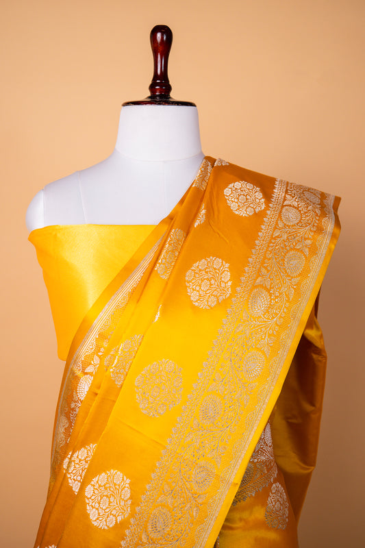 Mustard Yellow Pure Banarasi Mashru Silk Saree with Silver Zari Circular Buti