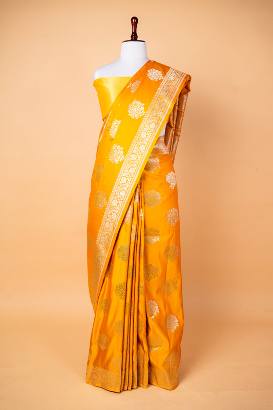 Mustard Yellow Pure Banarasi Mashru Silk Saree with Silver Zari Circular Buti