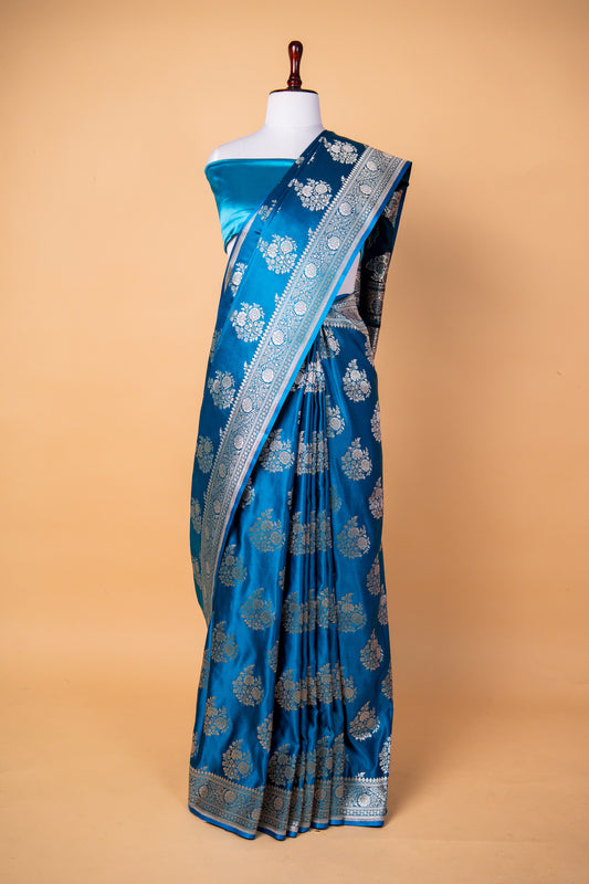 Royal Sky Blue Pure Banarasi Mashru Silk Saree with Silver Zari Floral Buti