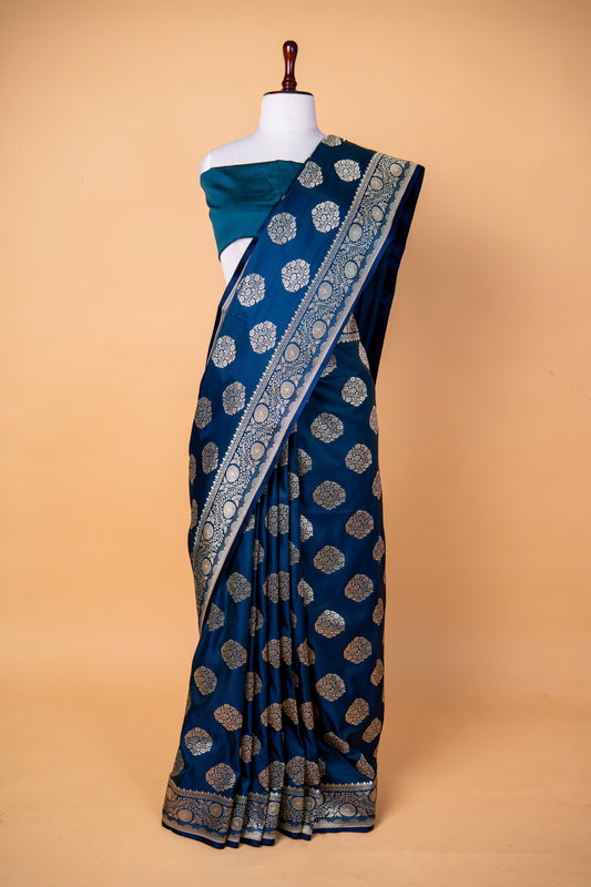 Royal Deep Blue Pure Banarasi Mashru Silk Saree with Silver Zari Circular Buti