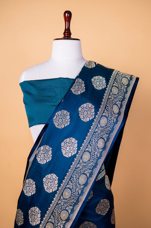 Royal Deep Blue Pure Banarasi Mashru Silk Saree with Silver Zari Circular Buti