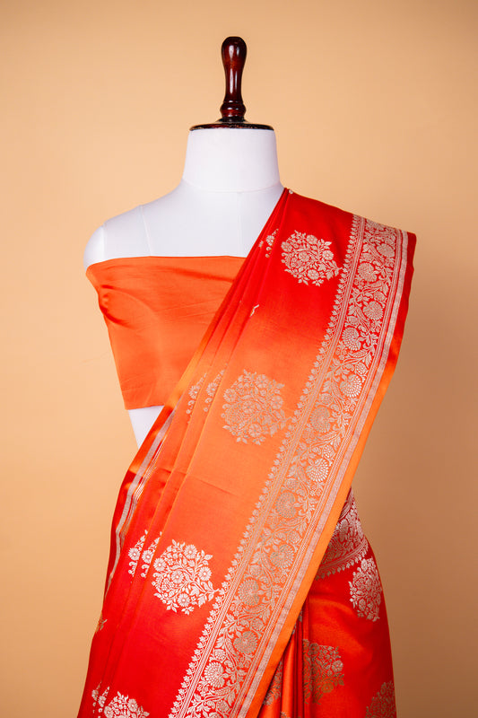 Golden Orange Pure Banarasi Mashru Silk Saree with Silver Zari Buti Work