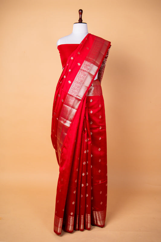 Banarasi Red Chiniya Silk Saree with Silver Zari Border