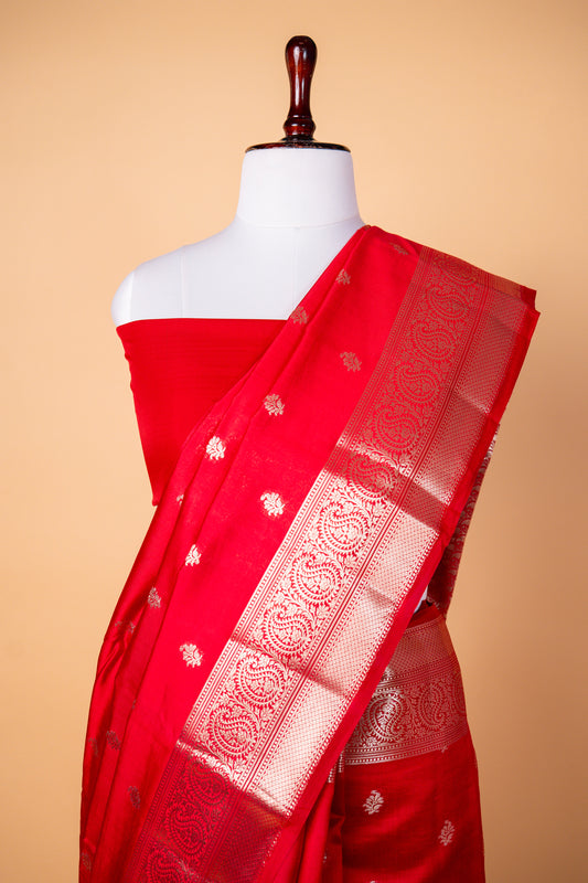 Banarasi Red Chiniya Silk Saree with Silver Zari Border