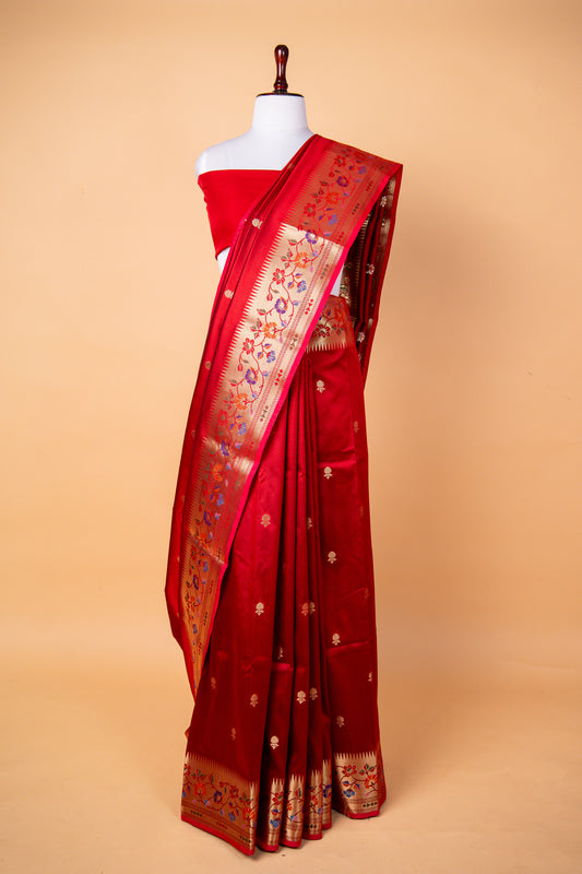 Banarasi Royal Red Paper Silk Saree with Floral Woven Border