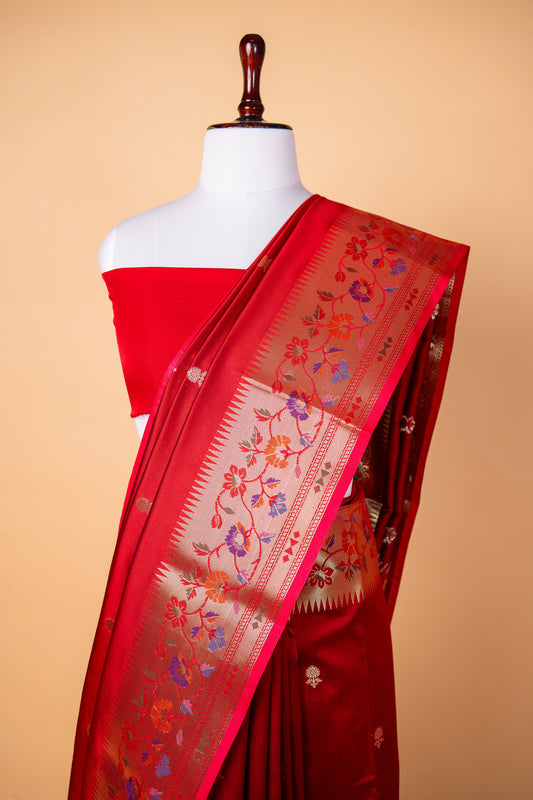 Banarasi Royal Red Paper Silk Saree with Floral Woven Border