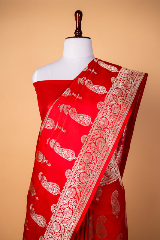 Red Pure Banarasi Mashru Silk Saree with Paisley Zari Weaving