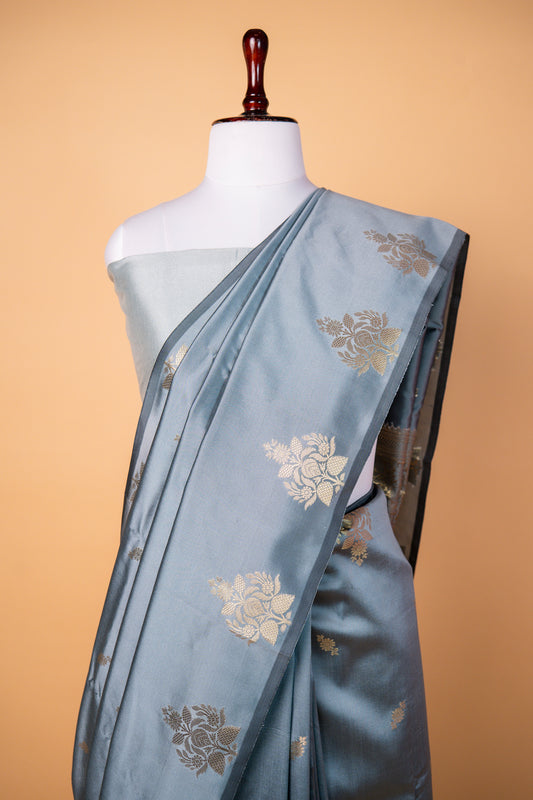 Banarasi Grey Paper Silk Saree with Golden Floral Zari Work
