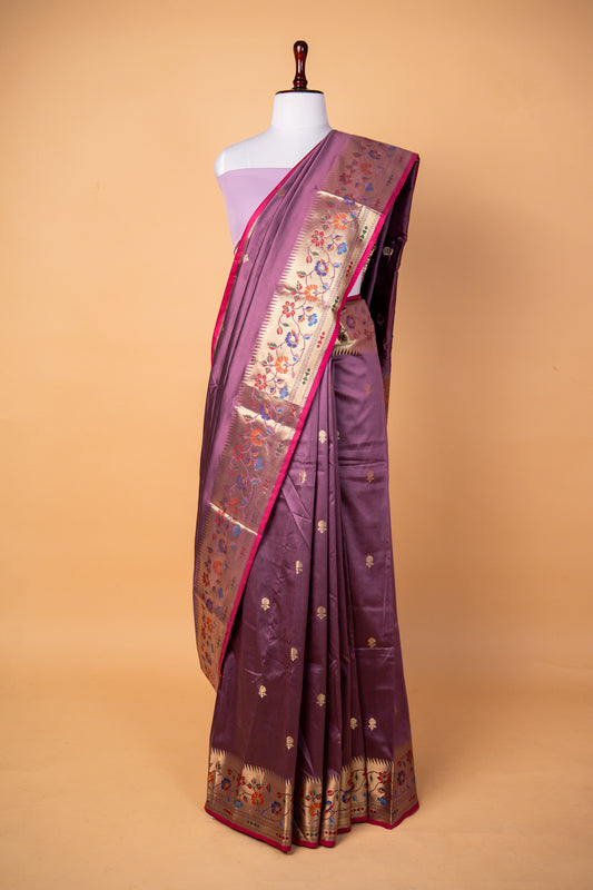 Banarasi Purple Paper Silk Saree with Floral Designer Border