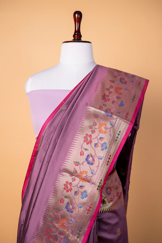 Banarasi Purple Paper Silk Saree with Floral Designer Border