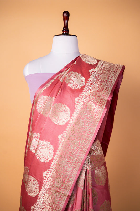 Royal Pink Pure Banarasi Mashru Silk Saree with Rich Golden Zari Buti Work
