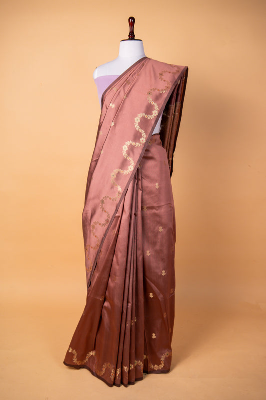 Banarasi Elegant Dusty Rose Paper Silk Saree with Floral Embroidered Border