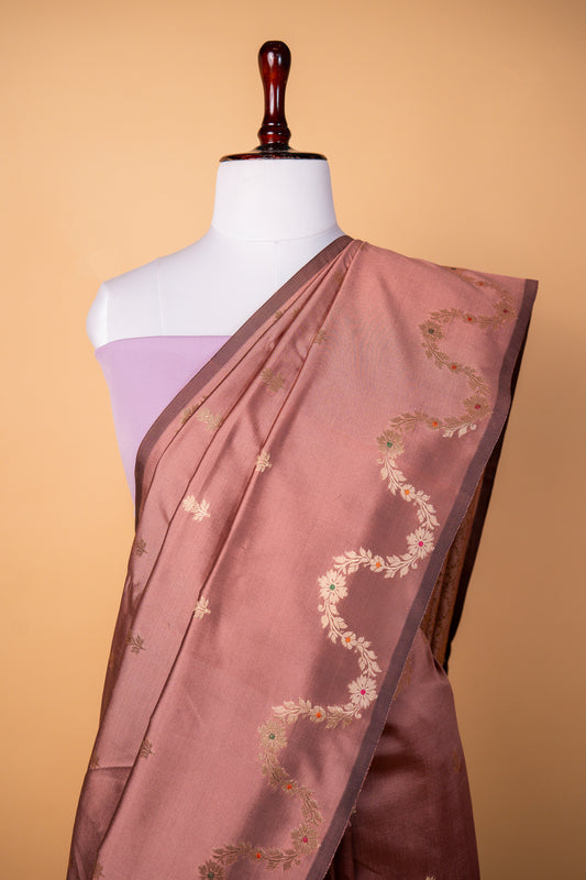 Banarasi Elegant Dusty Rose Paper Silk Saree with Floral Embroidered Border