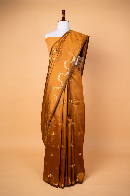 Banarasi Elegant Mustard Gold Paper Silk Saree with Floral Weaving Border